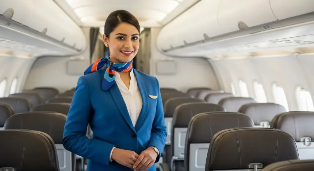 Indian air hostess standing confidently inside modern airplane cabin