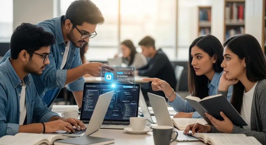 Indian college students discussing AI-powered study solutions