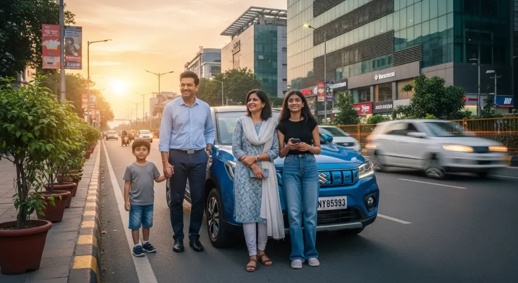Indian family standing next to Maruti Suzuki electric car on city road