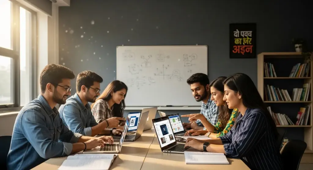 Indian students using AI tools for study in classroom