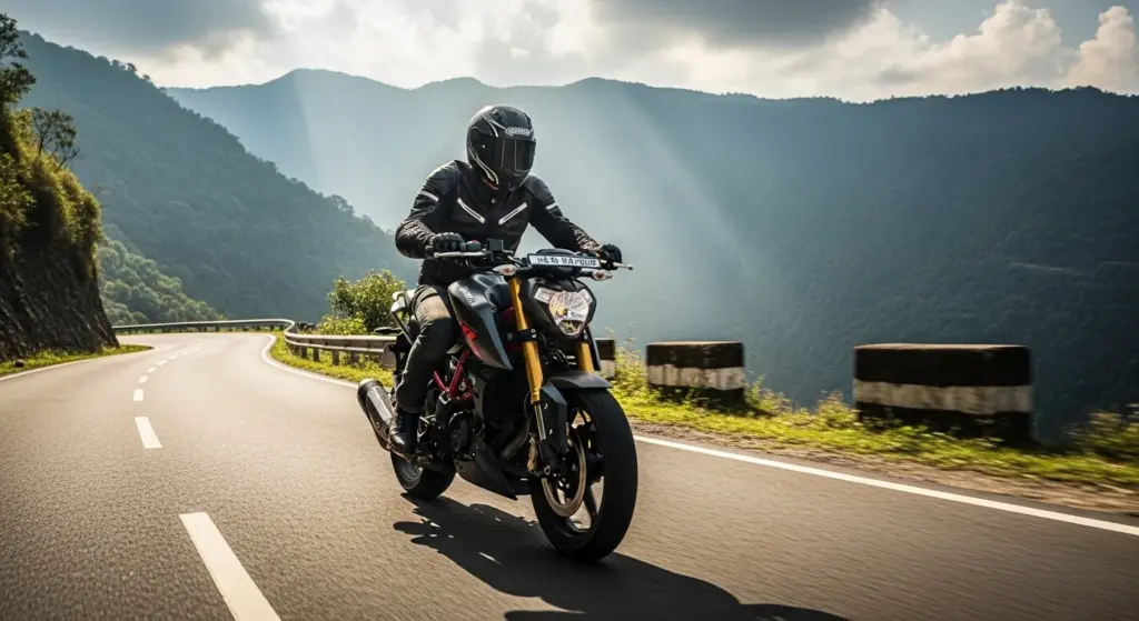 Rider with Apache RTX 300 on Indian highway or mountain road